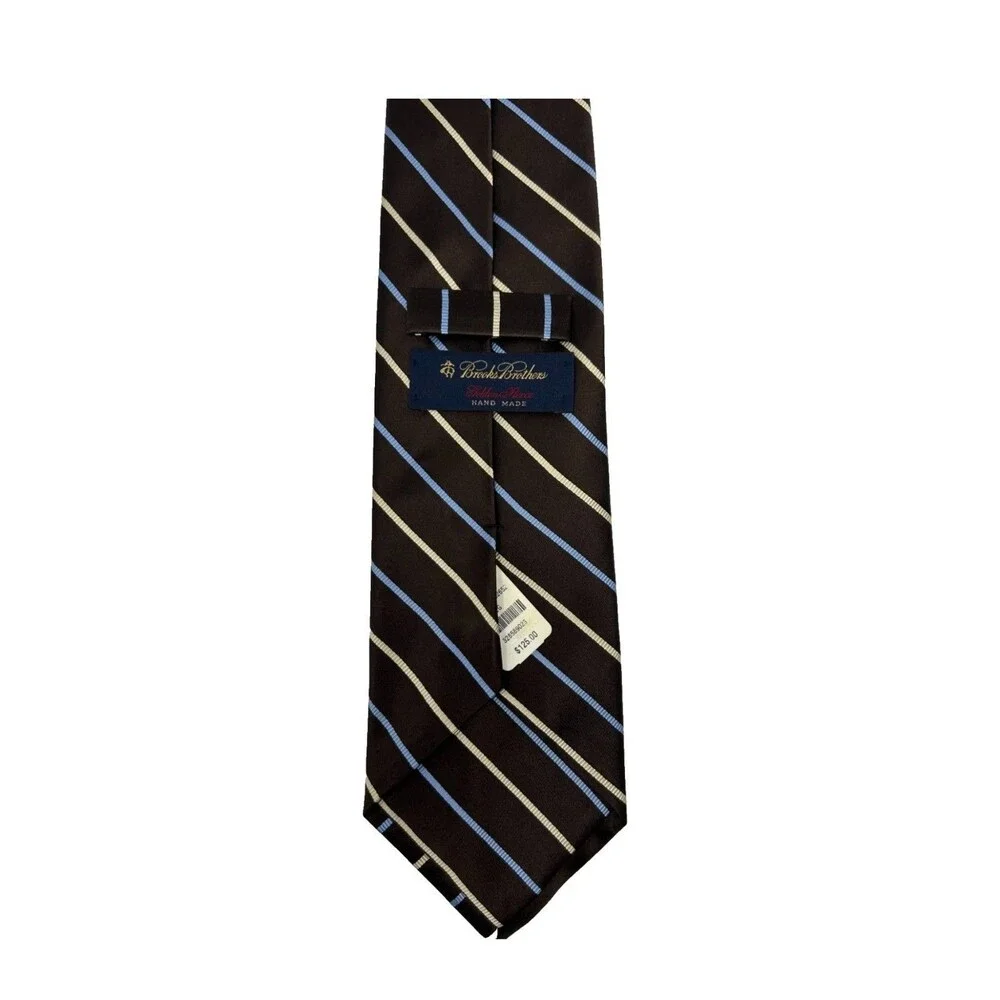 Brooks Brothers Golden Fleece Tie Brown Blue Cream Stripe Silk 59” x 4" - Picture 4 of 6